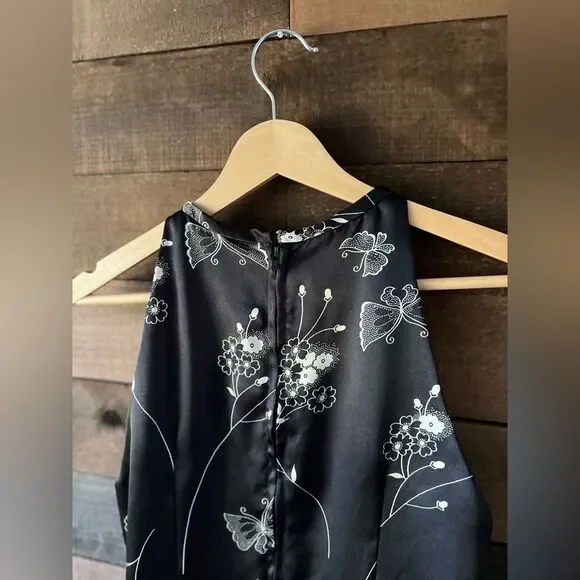 Vintage 90s Black Floral Butterfly High Neck Midi Dress - Picture 7 of 12